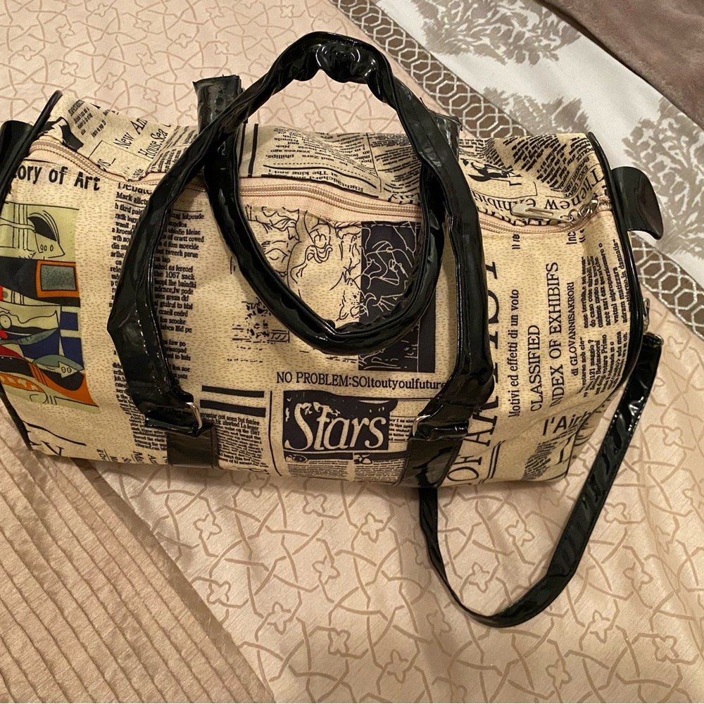 Newspaper Print Duffel Bag with Black Accents